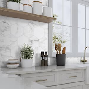 Hexagon Marble 6 in. x 6 in. White Calacatta Peel and Stick Backsplash Stone Composite Wall Tile (0.25 sq. ft.)