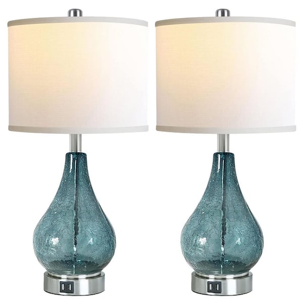 Rottogoon 22.5 in. Blue Glass Table Lamp for Living Room Set of 2 LED Light with Touch Control, 3 Way Dimmable Modern Lamps