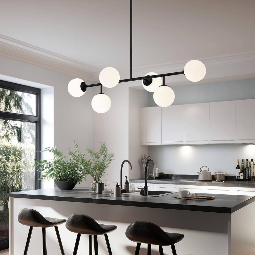 Matte Black Linear Sputnik Chandelier with Frosted Glass Globes