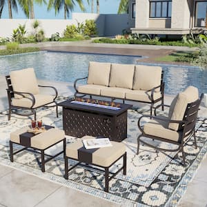 Black Metal Slatted 7 Seat 6-Piece Steel Outdoor Fire Pit Patio Set with Beige Cushions and Rectangular Fire Pit Table