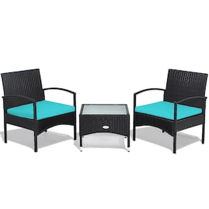 3 -Pieces Patio Wicker Rattan Furniture Set Coffee Table & 2 Rattan Chair with Cushion Turquoise