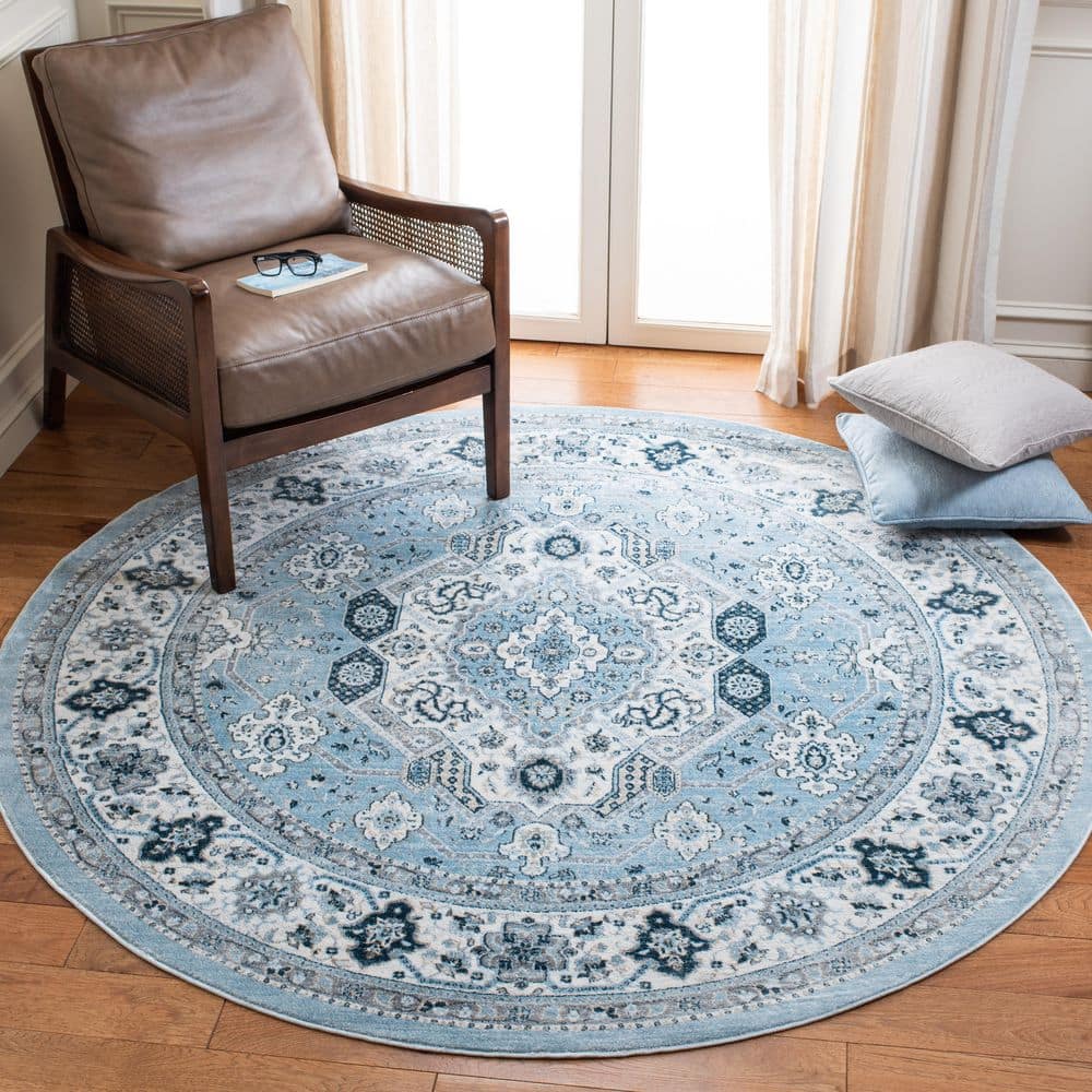 Isabella Blue and Cream Round Synthetic Area Rug