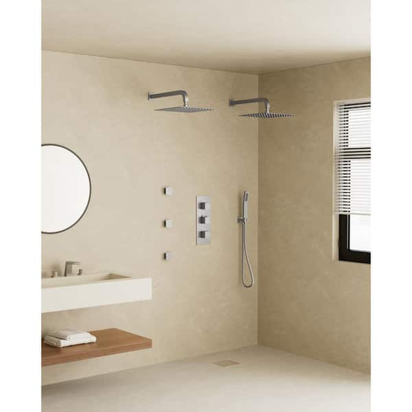 YAWWALK Thermostatic Valve 8-Spray 12 in. and 12 in. Wall Mount Dual Shower Head and Handheld Shower in Brushed Nickel