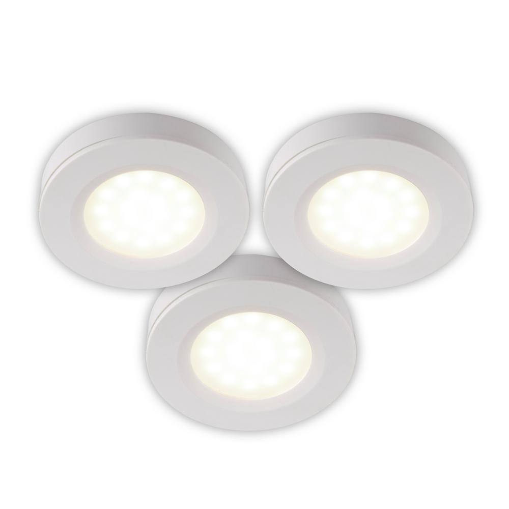 White Plastic LED Under Cabinet Puck Lights, 3-Pack