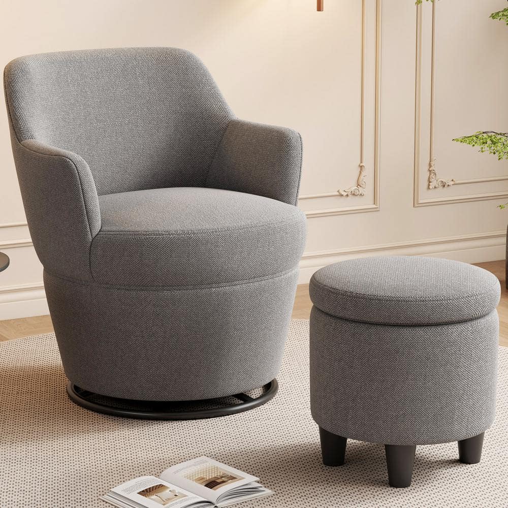 Gray Cotton Linen Armchair,360°Swivel Accent Chair with Ottoman,Lounge Sof
