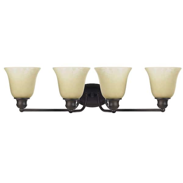 Chloe Lighting Gauss Transitional 4-Light Amber Wall Bath Vanity Fixture with Rubbed Bronze Frosted Glass Shade