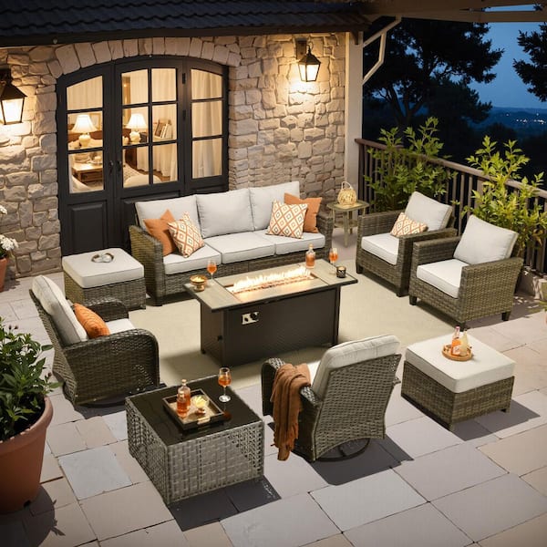 Unbranded Nvelyn Gray 10-Piece Wicker Patio Rectangle Fire Pit Conversation Set with Gray Cushions and Swivel Chairs
