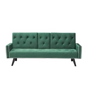 72.4 in. Width Green Velvet Twin Size Sleeper Sofa Bed with Two Cup Holders, Nail Head Trim, One Pillow