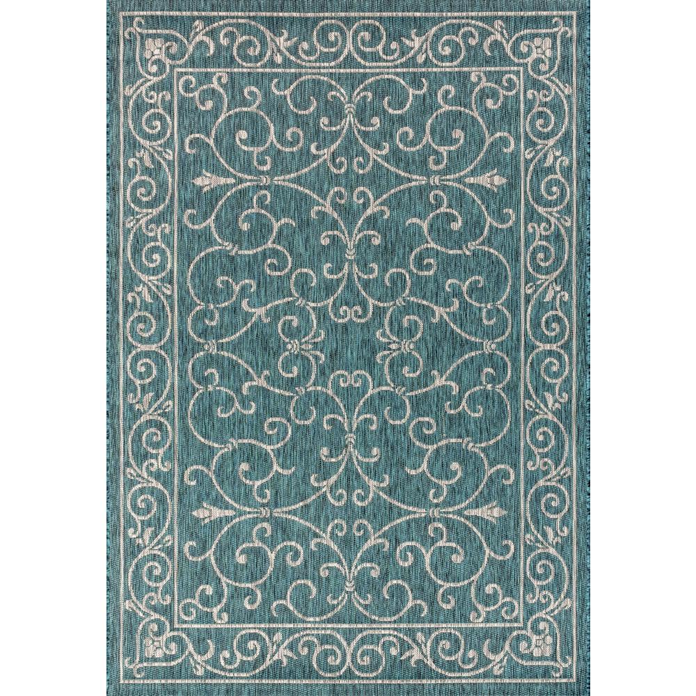 Teal & Gray Vintage Boho-Chic Filigree 9'x12' Indoor/Outdoor Rug