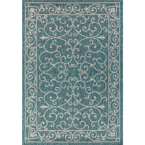 Charleston Vintage Filigree Textured Weave Teal/Gray 8 ft. x 10 ft. Indoor/Outdoor Area Rug