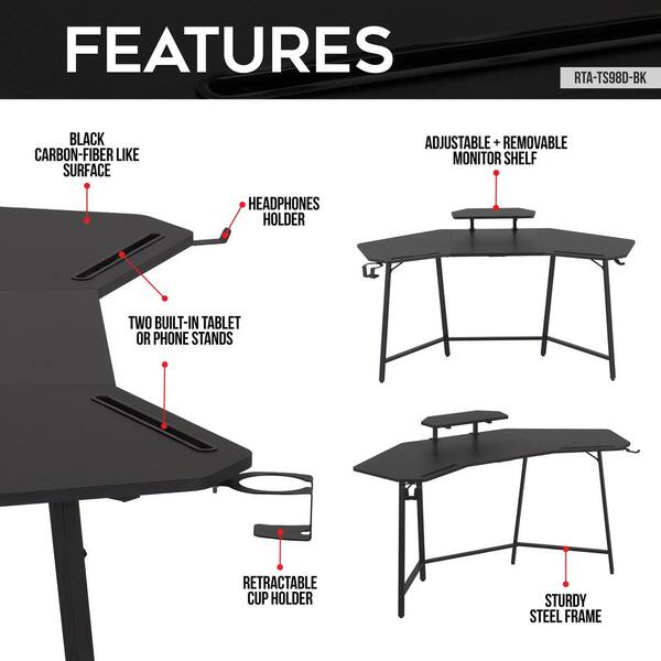 t,i！ Techni Sport 63 in U-Shaped Black Carbon Fiber Like Desk with