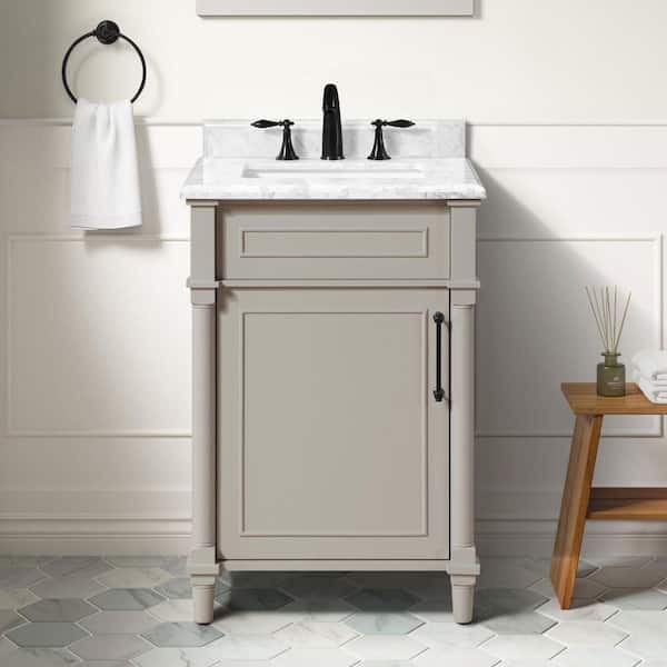 Aberdeen 24 in. Single Sink Greige Bath Vanity with Carrara Marble Top (Assembled)
