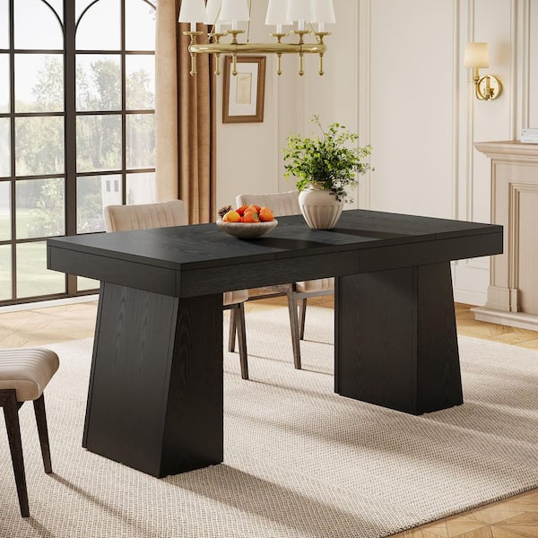 BYBLIGHT Sealey Farmhouse Black Wood 55.1 in. Pedestal Dining Table Seats 4 Rectangular Dining Room Table with Sturdy Legs