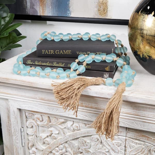 Litton Lane Light Blue Handmade Glass Round Long Frosted Beaded Garland with Tassel with Knotted Brown Jute