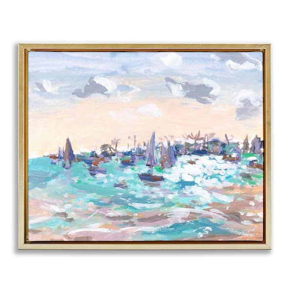 Stupell Industries Sailboats in Rushing Waves by Melissa Wang Gold Floater Frame Coastal Graphic Art Print 25 in. x 31 in.