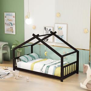 Espresso Twin Size Wood House Bed with Roof, Twin Platform Bed with Headboard and Footboard, No Box Spring Needed