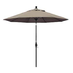 9 ft. Matted Black Aluminum Market Patio Umbrella with Fiberglass Ribs Collar Tilt Crank Lift in Taupe Sunbrella