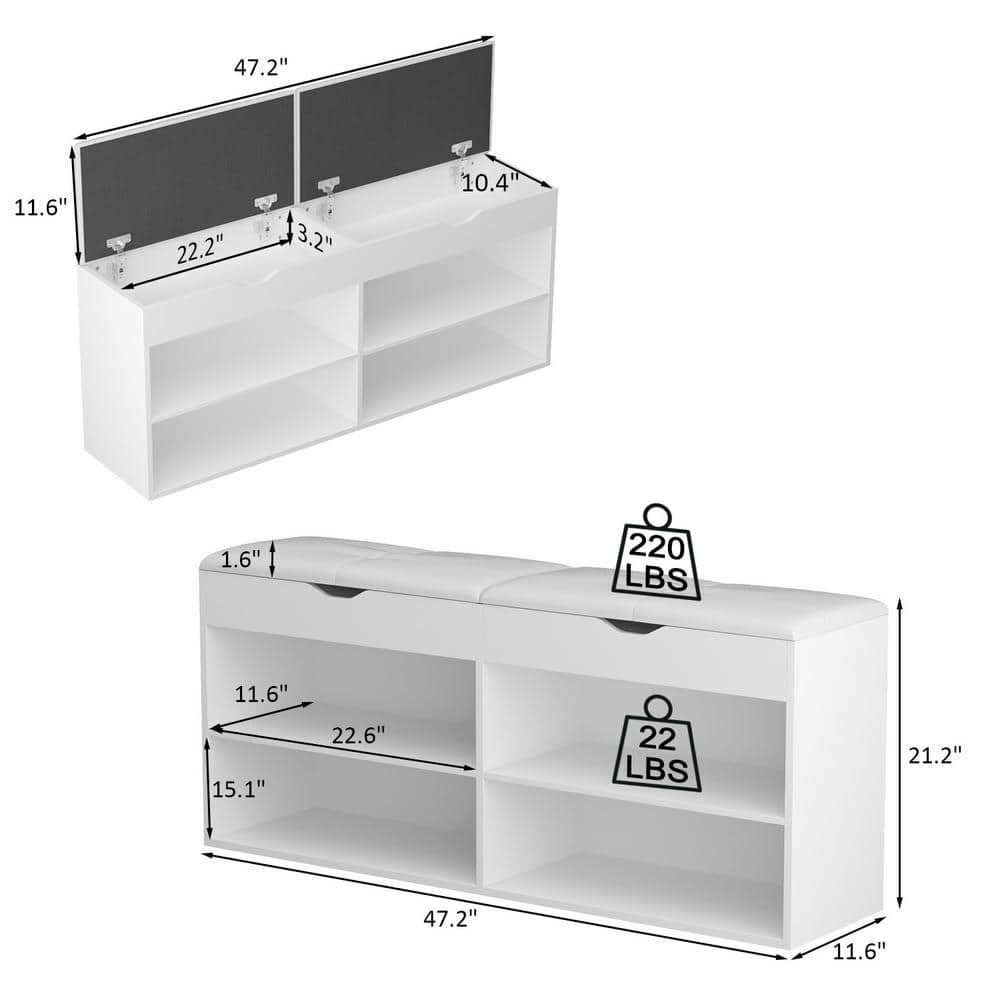 White MDF Shoe Storage Bench with Cushion and Open Shelves