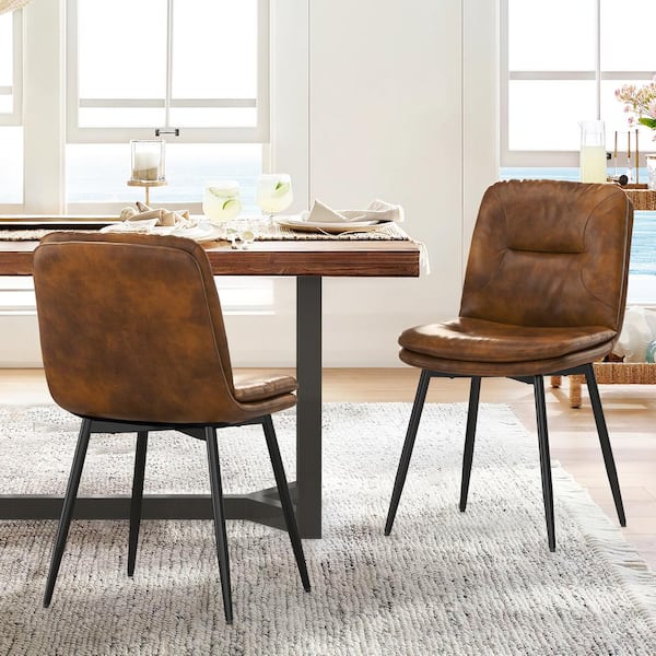 LUE BONA 18 in. Metal Frame Brown Faux Leather Upholstered Dining Chairs Set of 2