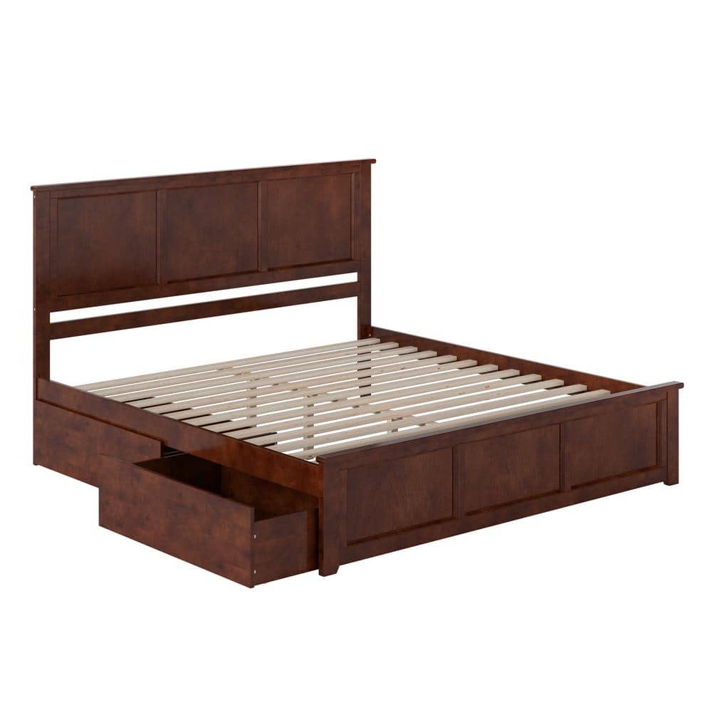 Walnut King Wood Platform Bed with Storage Drawers and Headboard