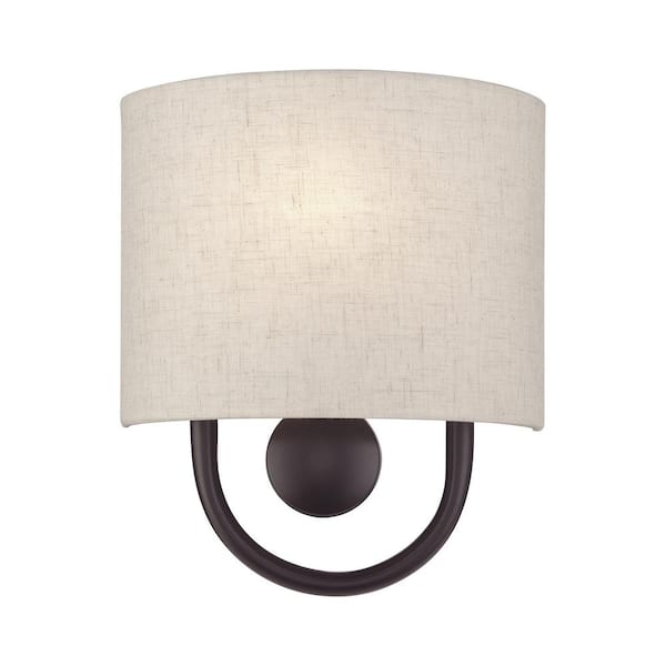 Livex Lighting Stratton 9 in. 1-Light English Bronze ADA Wall Sconce with Oatmeal Fabric Shade
