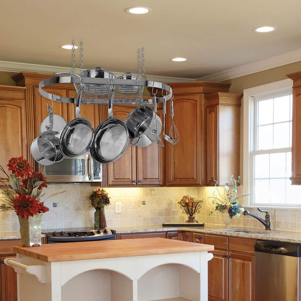 Stainless Steel Oval Ceiling Pot Rack with Hooks