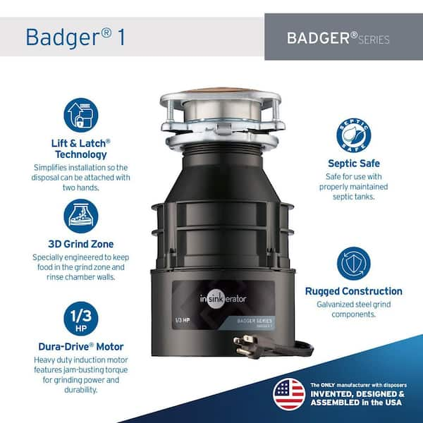 Badger 1 W/C, 1/3 HP Continuous Feed Kitchen Garbage Disposal with Power Cord, Badger Series