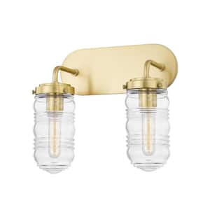 Clara 14.25 in. 2-Light Aged Brass Vanity Light with Clear Ribbed Glass Shade