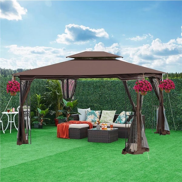 Sizzim 10 ft. x 13 ft. Hardtop Outdoor Double Roof Furniture Gazebo with  Netting&Curtains for Backyard Wedding Garden G30002 - The Home Depot