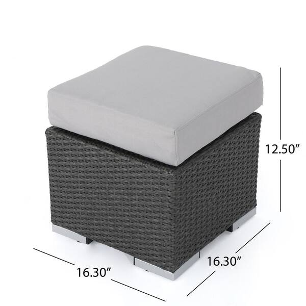 Noble House - Gray Wicker Outdoor Patio Ottoman with Silver Cushion