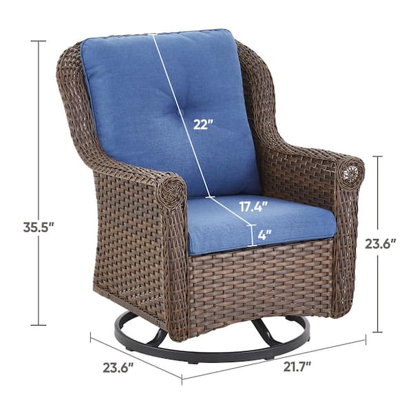 Chrysanthemum Armrest Series 2-Pack Outdoor Swivel Brown Wicker Glider Rocking Chair with CushionGuard Blue Cushions