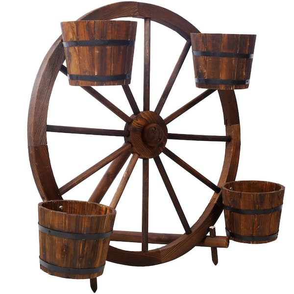 18 in. Brown Fir Wood Wagon Planter Box, Outdoor Decorative Wheel Barrel Planter for Flowers Herbs Vegetables