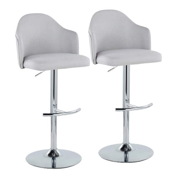 Lumisource Ahoy 33 in. Light Grey Fabric and Chrome Metal Adjustable Bar Stool with Rounded T Footrest (Set of 2)