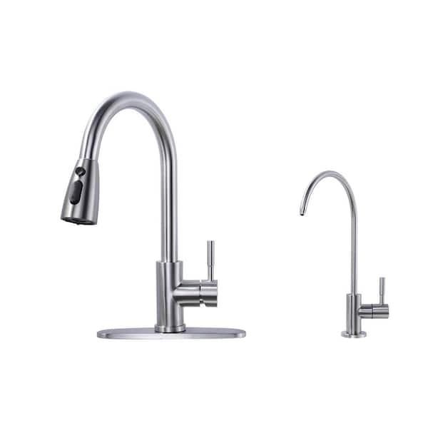ALEASHA Single Handle Pull Down Sprayer Kitchen Faucet and Beverage Faucet in Brushed Nickel