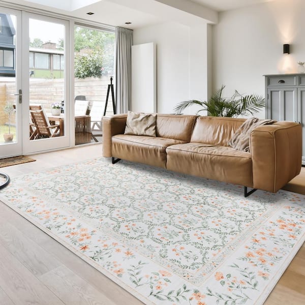 Crystal Print Vela Ivory/Green 5 ft. x 7 ft. Floral Digitally Printed Polyester Area Rug