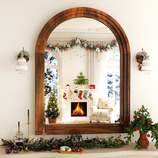 XRAMFY 30 in. W x 40 in. H Arched Classic Brown Wooden Framed Bathroom Vanity Mirror Wall Mirror
