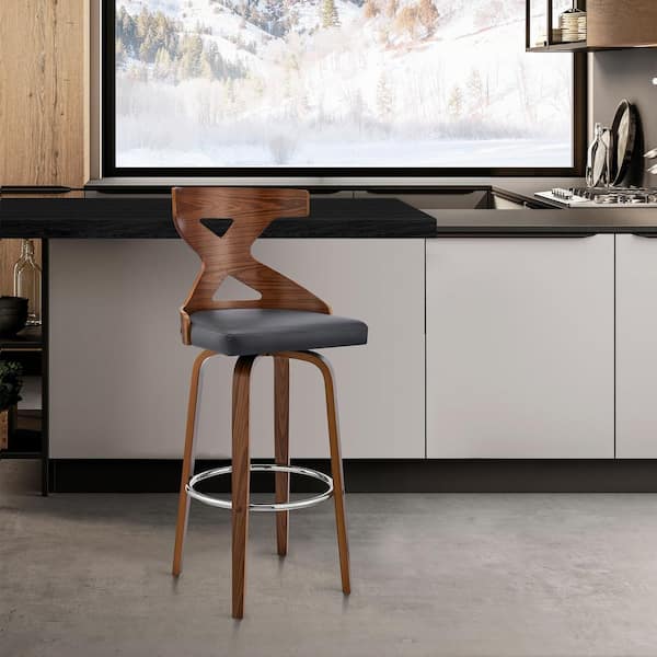 Armen Living Gayle 40 in. Product Height Swivel Low Back Grey Faux Leather and Walnut Wood Bar Stool