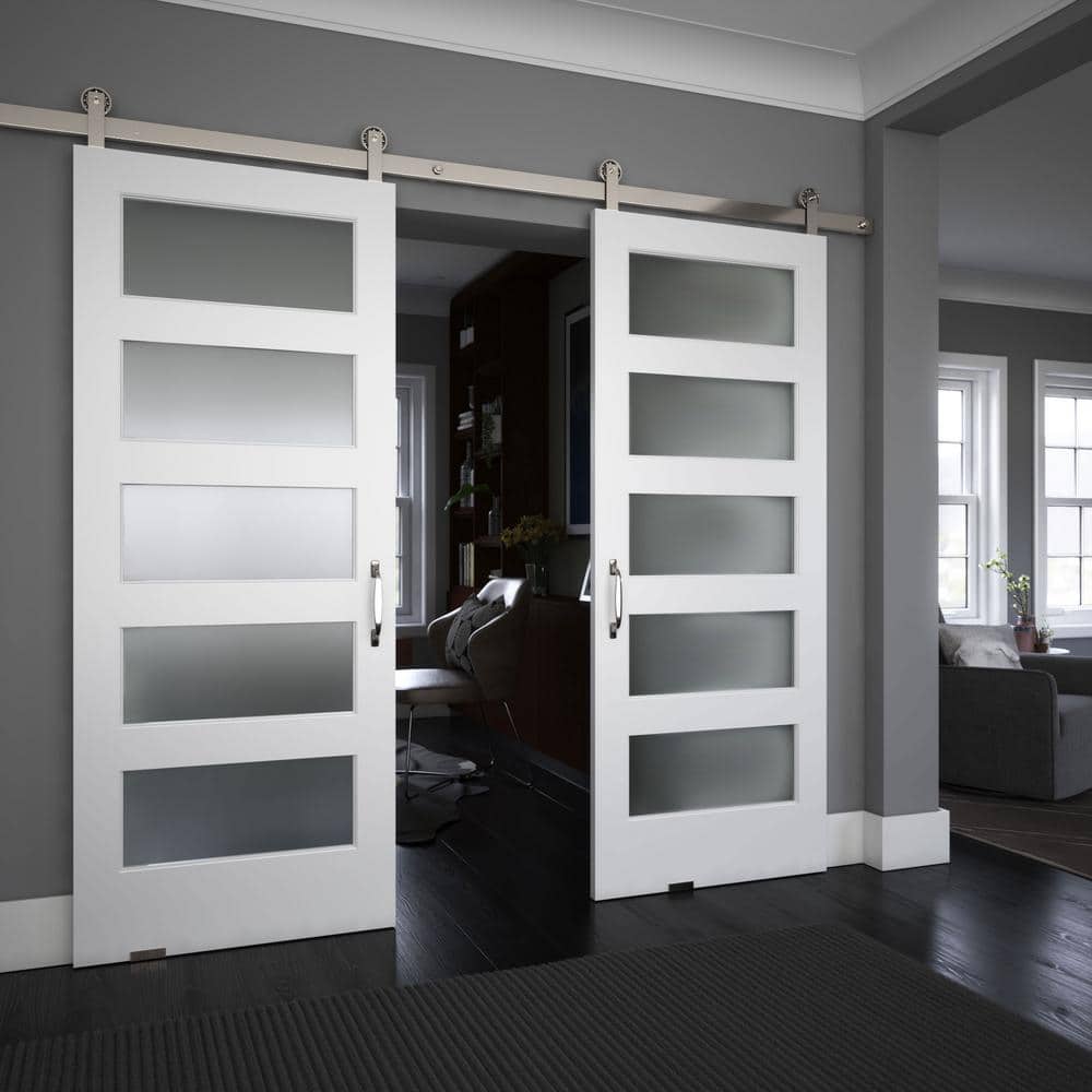 84" x 32" White Prefinished 5-Lite Frosted Glass Solid Pine Barn Door
