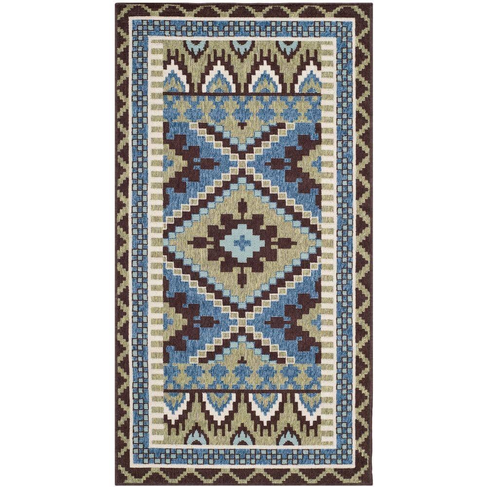 Green and Chocolate Synthetic Floral Indoor/Outdoor Area Rug