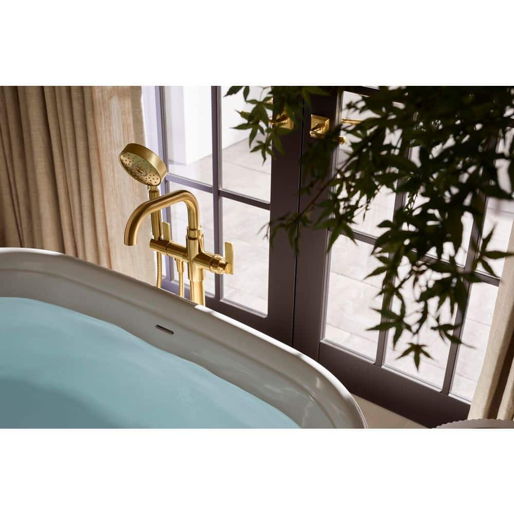 Vibrant Brushed Moderne Brass Floor-Mount Bath Filler with Handshower