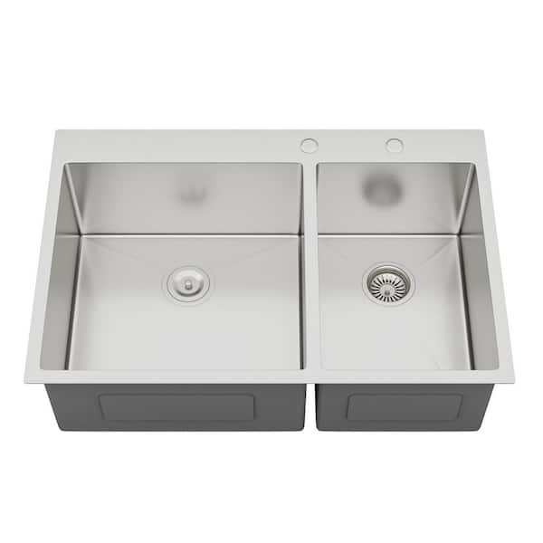 NEW 33 in. Double Bowl (60/40) Drop-in Kitchen Sink, 16 Gauge