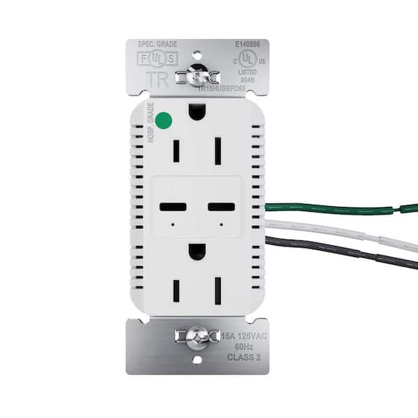 15 Amp Tamper Resistant 65-Watt Hospital Grade Power Delivery USB Type C Duplex Outlet White