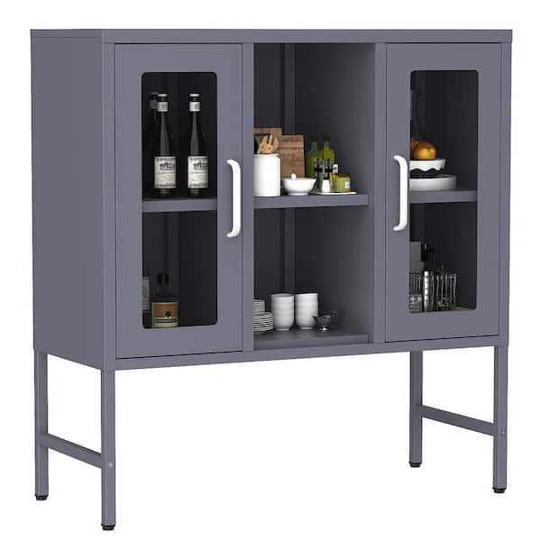 2-Shelf Gray Kitchen Pantry Organizer with Tempered Glass Doors,  Freestanding Kitchen Storage Cabinet