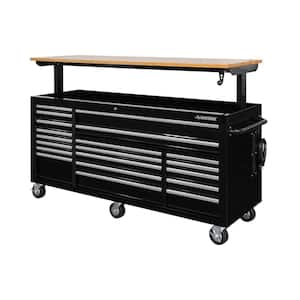 72 in. 20-Drawer Gloss Black Mobile Workbench with Adjustable Height Wood Top