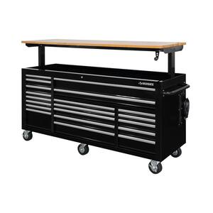72 in. x 24.1 in. D Heavy Duty 20-Drawer Mobile Workbench with Adjustable Height Solid Wood Top in Gloss Black