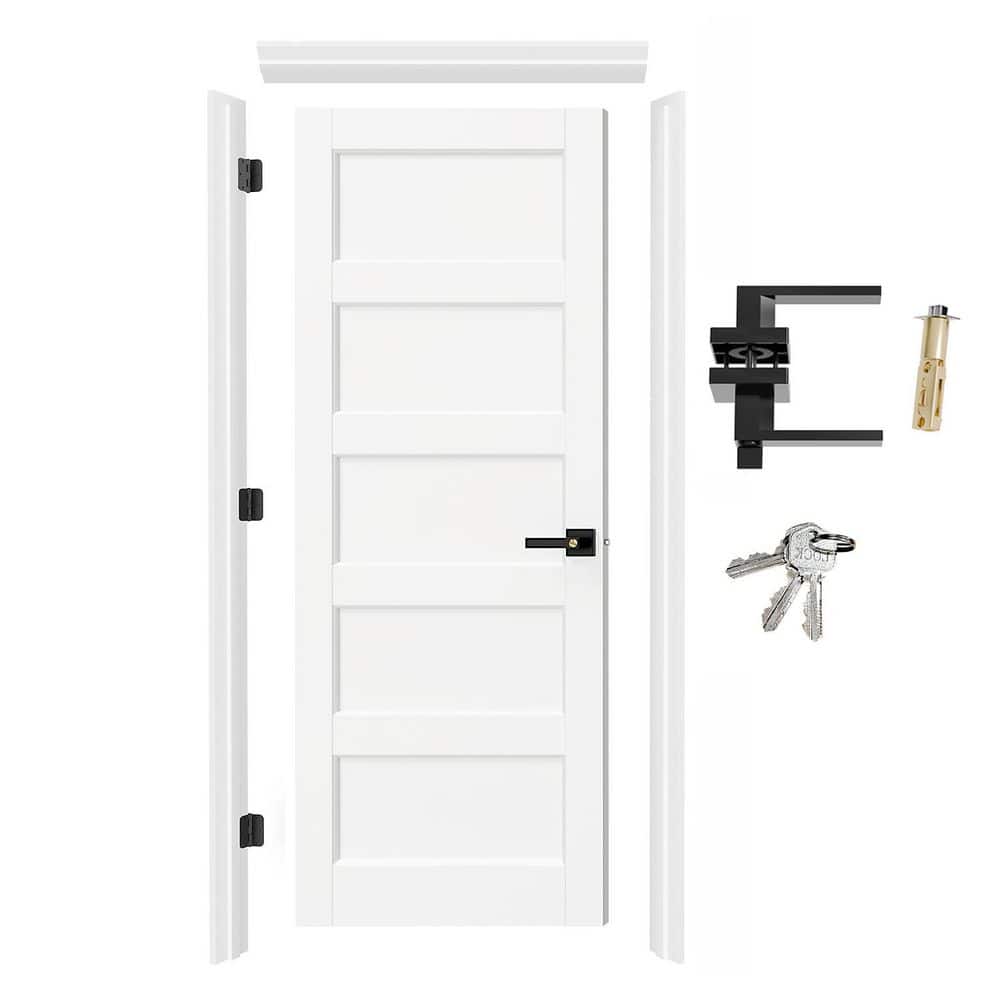 30 in. x 80 in. Primed Hollow Core Wood 5-Panel Single Pantry Door Kit with Quick-Assemble Jamb, Black Lever, No Bore price history on PriceWatchPro