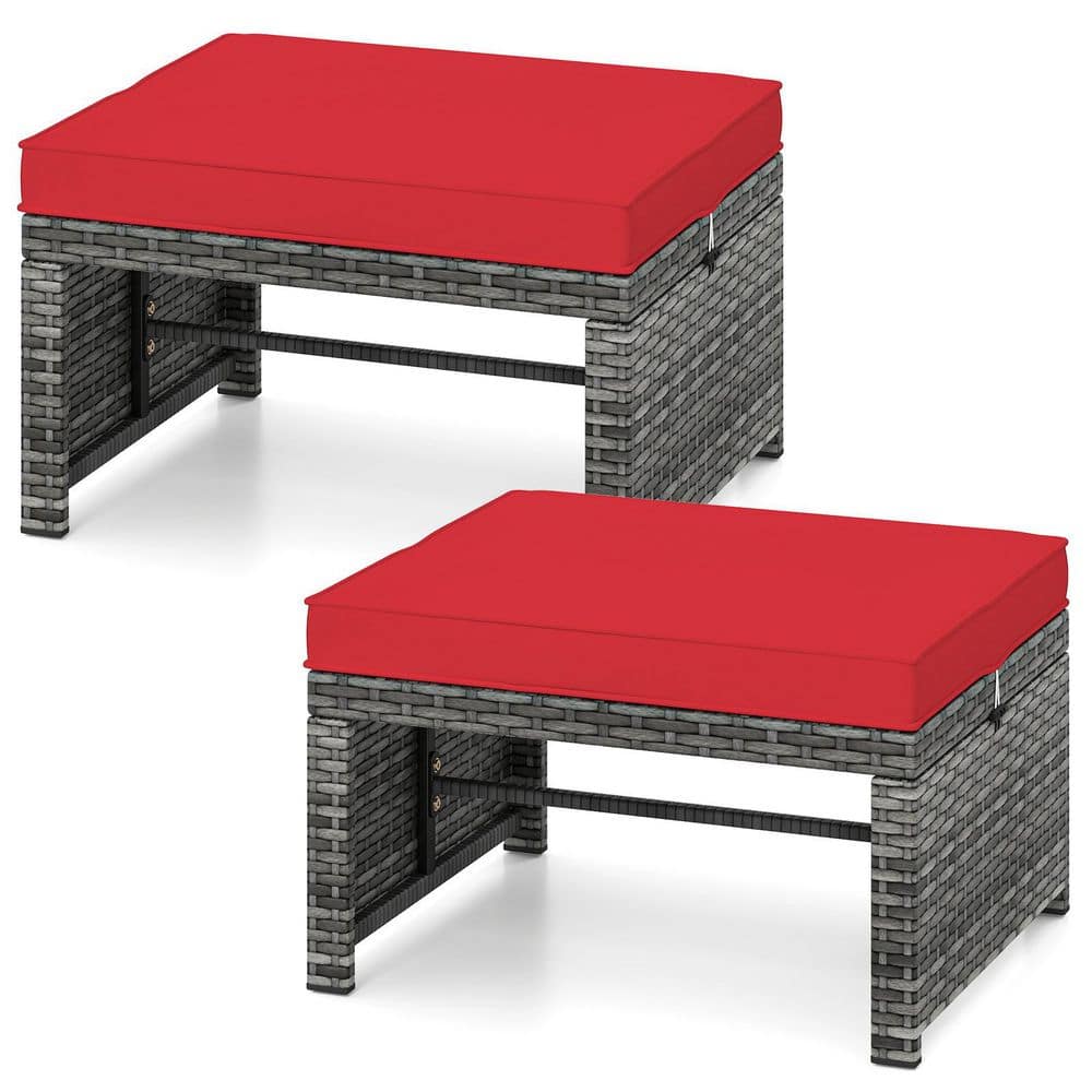 Gray Metal Frame and PE Rattan Outdoor Ottoman Set with Red Zippered Cushion(Set of 2)