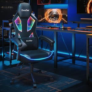Polyurethane Leather LED Ergonomic Gaming Chair in Black with Pocket Spring Cushion and Adjustable Lumbar Support