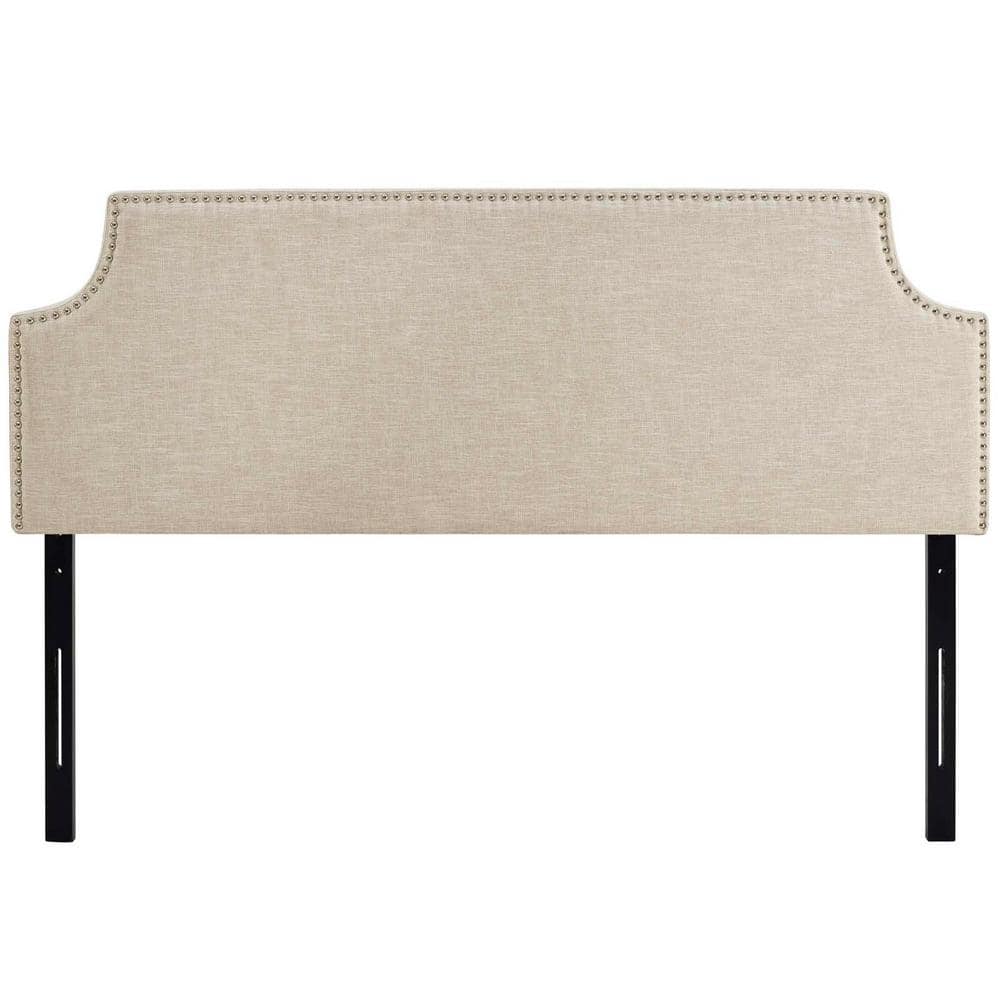 Beige Queen Upholstered Fabric Headboard with Silver Nail Trim