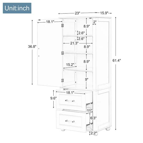 Modern 23 in. W x 15.9 in. D x 61.4 in. H White Freestanding Tall Bathroom Storage Linen Cabinet with Two Drawers